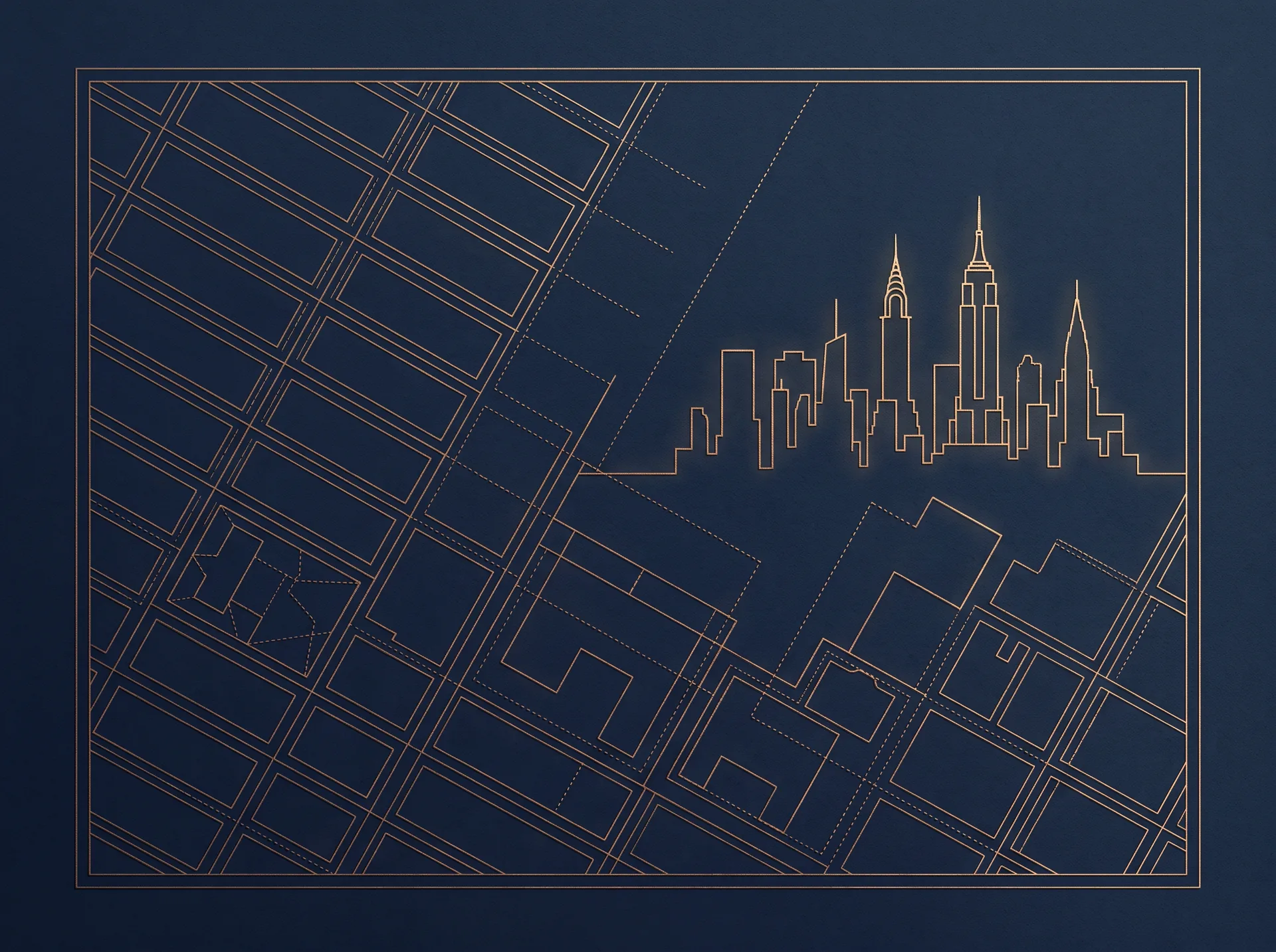 Illustrated zoning lot map with a New York City skyline silhouette rendered in bronze line work
